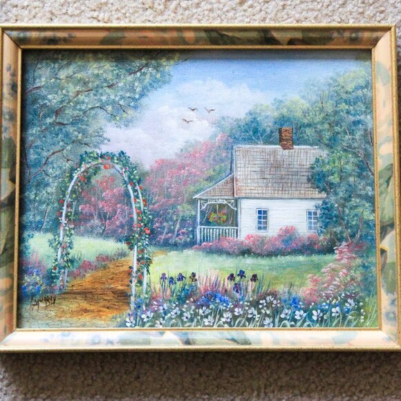 Murray Artist Signed House With A Garden Floral Oil On Canvas Painting - Picture 2 of 10
